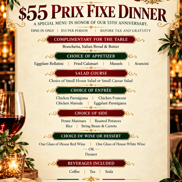 $55 Dine In, 55th Anniversary Prix Fix