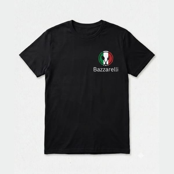 Black t-shirt with the Bazzarelli logo: a spoon and fork over an Italian flag circle.