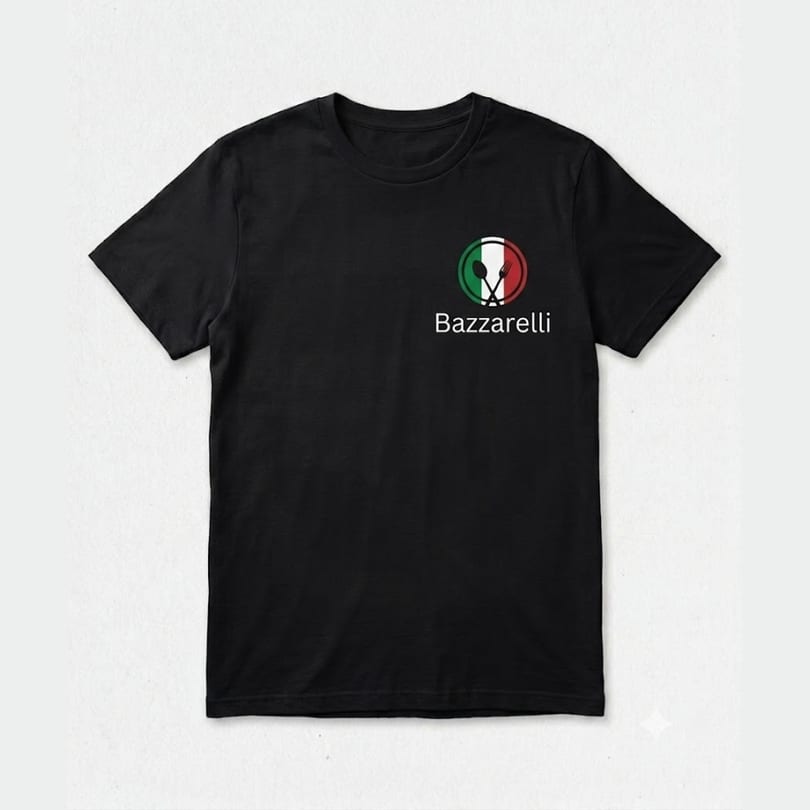 Black t-shirt with the Bazzarelli logo: a spoon and fork over an Italian flag circle.