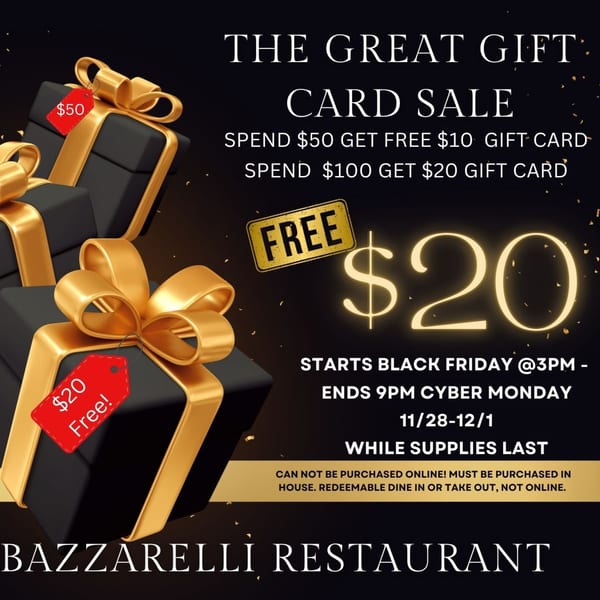 Bazzarelli Restaurant gift card sale advertisement with black and gold gift boxes.