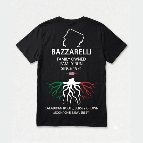Black Bazzarelli t-shirt with a New Jersey outline, Italian flag roots, and text.