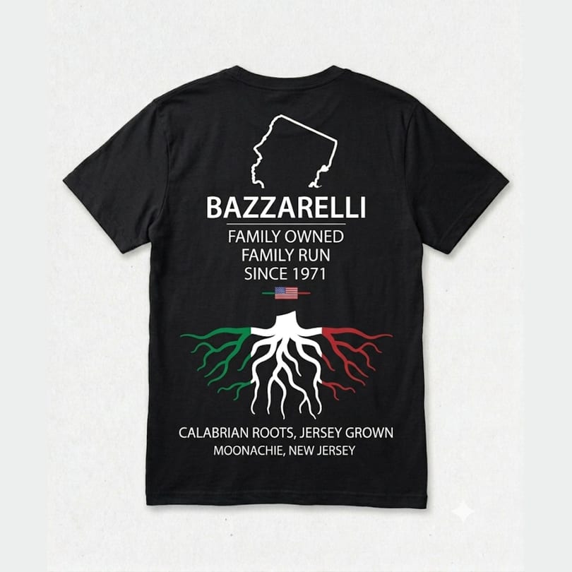 Black Bazzarelli t-shirt with a New Jersey outline, Italian flag roots, and text.